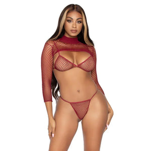 3 Pc Industrial Net Bikini Top G-String and Long Sleeved Crop Top - One Size - Burgundy