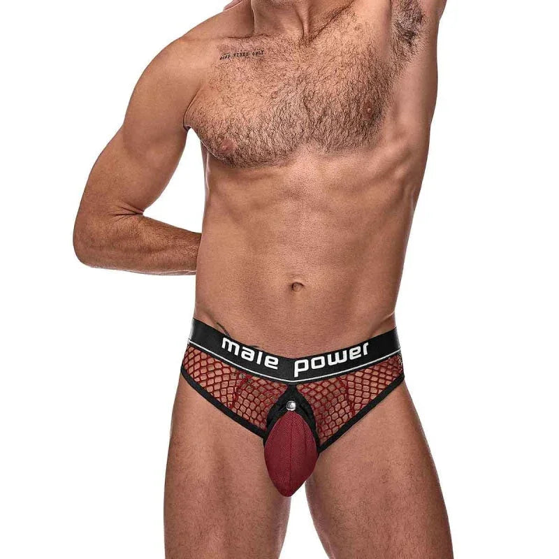 Cock Pit Net Cock Ring Thong - S/ M - Burgundy