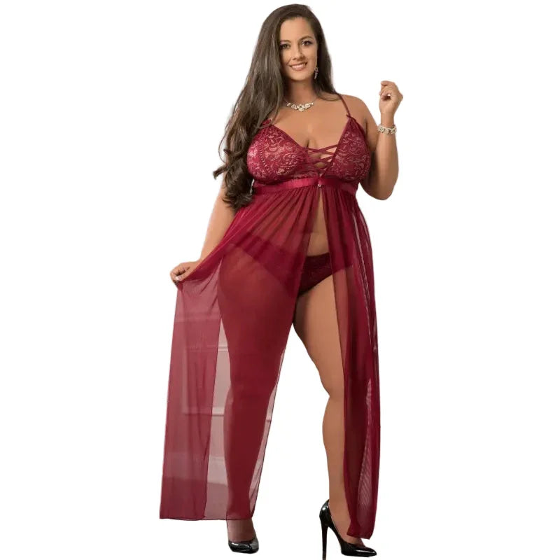 2 Pc Empire Waist Laced Sheer Long Dress and Panty - Mulled Wine