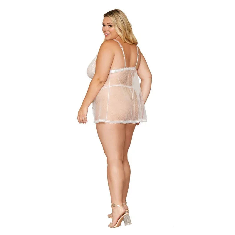 Babydoll and Pearl G-String - Queen Size - White