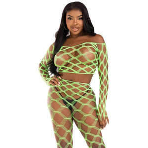 2 Pc Net Crop Top and Footless Tights - One Size - Neon Green - MyPleasure