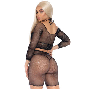 2 Pc Rhinestone Fishnet Crop Top and Biker Shorts - Black - One Size