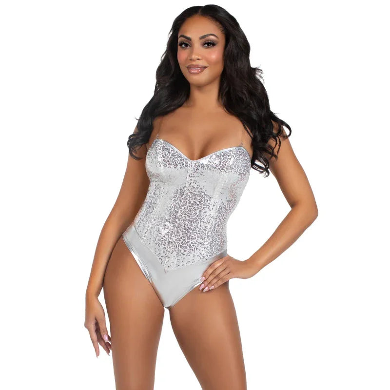 2 Pc Sequin Bodysuit - Small - Silver - MyPleasure