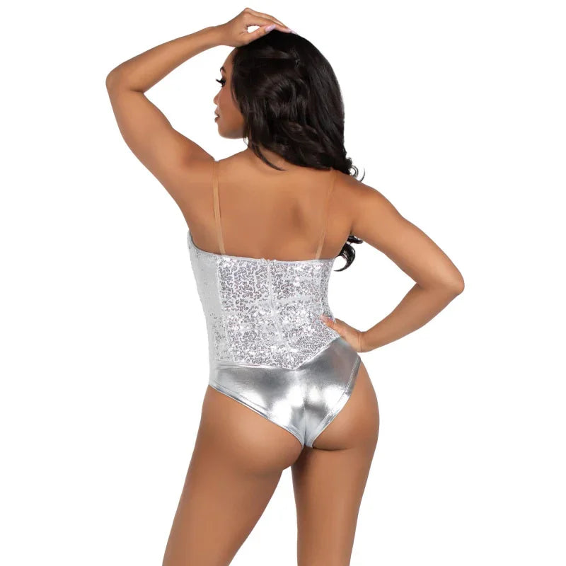 2 Pc Sequin Bodysuit - Small - Silver - MyPleasure
