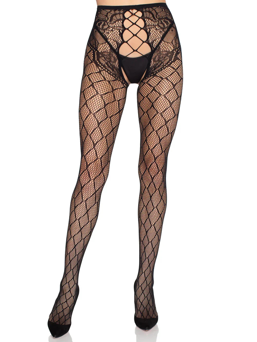 Faux Layer Net Tights With Crotchless Floral Panty - Os - Black