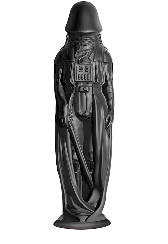 Black figurine of a character from a science fiction franchise on a white background