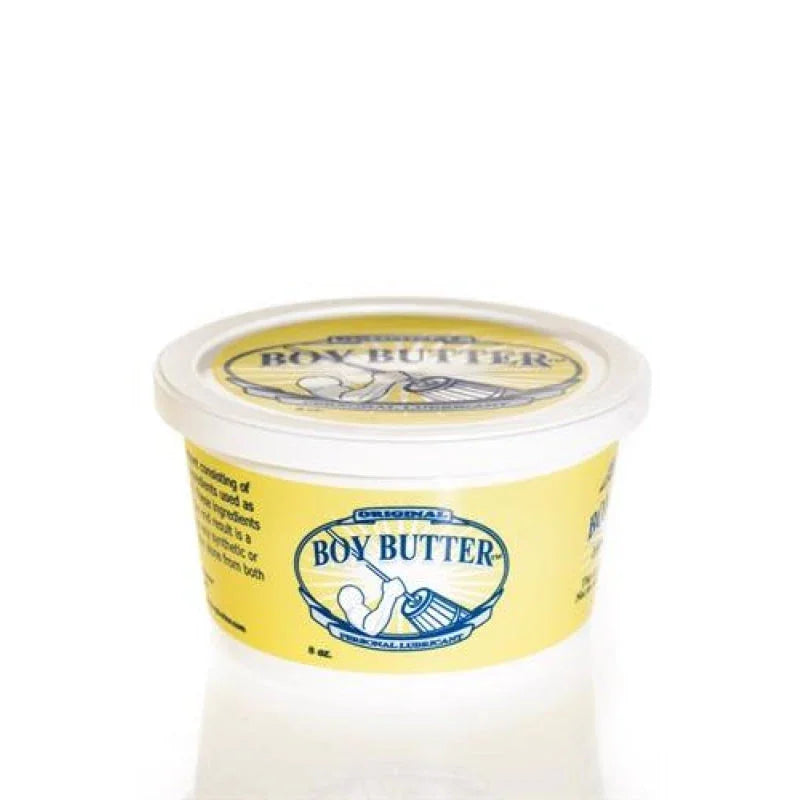 Boy Butter personal lubricant in an 8 oz yellow and white tub with blue text and logo