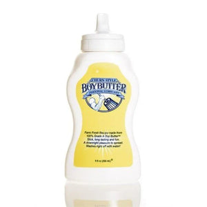 9 oz bottle of Boy Butter churn style personal lubricant with yellow label on white background
