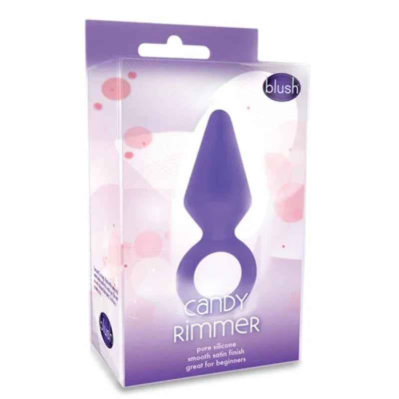 Purple Candy Rimmer anal toy in clear packaging by Blush, silicone, smooth satin finish