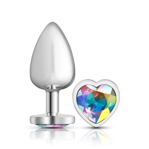 Cheeky Charms - Silver Metal Butt Plug - Heart - Clear - Large