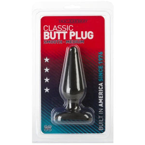 Doc Johnson Classic smooth medium black butt plug in clear plastic packaging with red and blue background