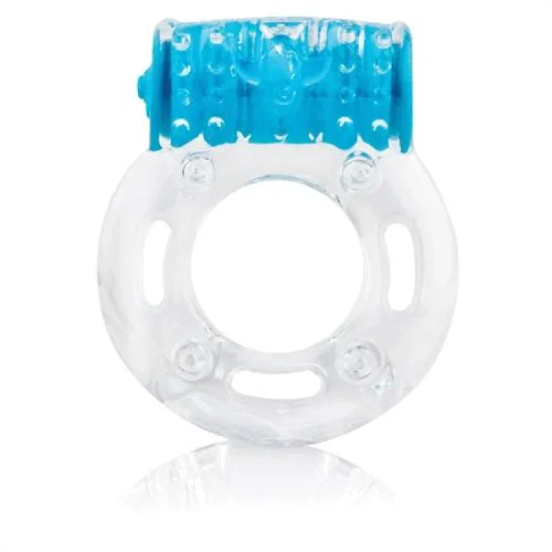 Clear and blue vibrating cock ring with textured top for added stimulation