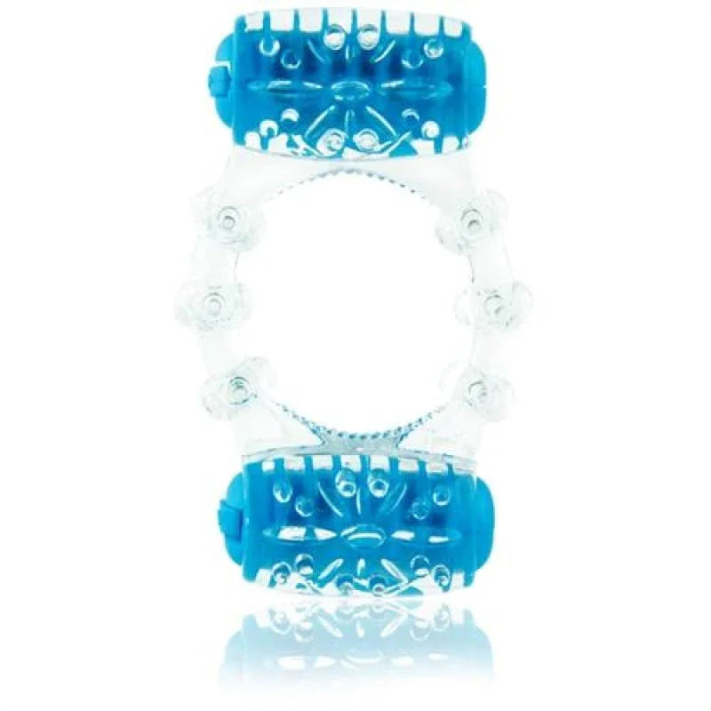 Blue and clear textured vibrating cock ring with nubs for enhanced stimulation