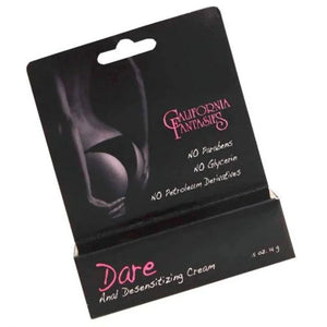 California Fantasies Dare Anal Desensitizing Cream box with black and pink design and minimal ingredients text