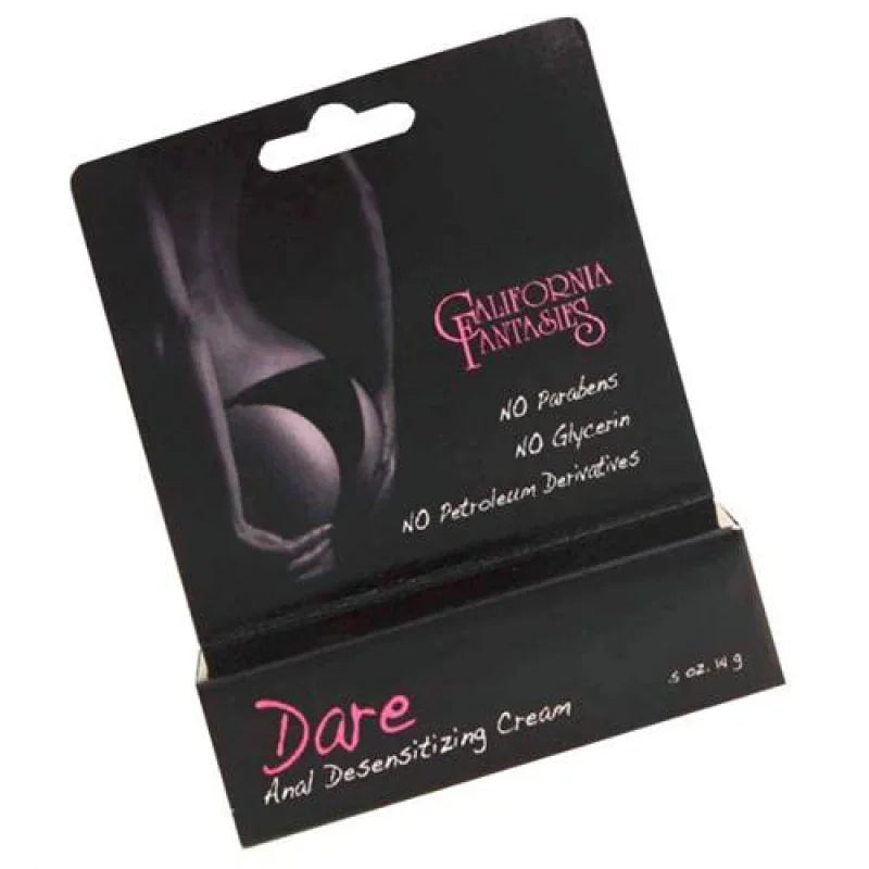 California Fantasies Dare Anal Desensitizing Cream packaging with product claims and black-and-white image