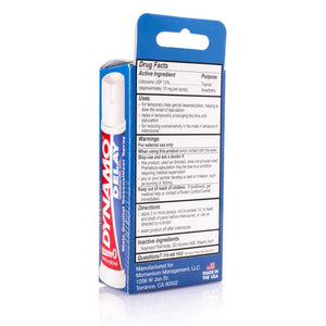 Dynamo Delay desensitizing spray box and bottle with drug facts for male genital desensitization