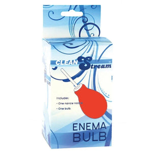 Clean Stream enema bulb packaging with red bulb illustration, includes narrow nozzle and bulb