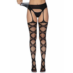 Faux Wrap Industrial Net Garter Belt Stockings - Stockings -One Size - Black