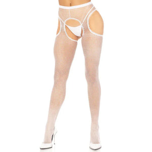 Fishnet Suspender Hose With Scalloped Trim - One Size - White - MyPleasure