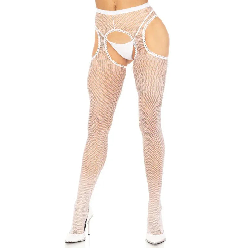 Fishnet Suspender Hose With Scalloped Trim - One Size - White - MyPleasure