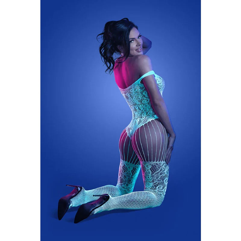 Illuminate Crotchless Teddy Bodystocking - One Size - White/blue