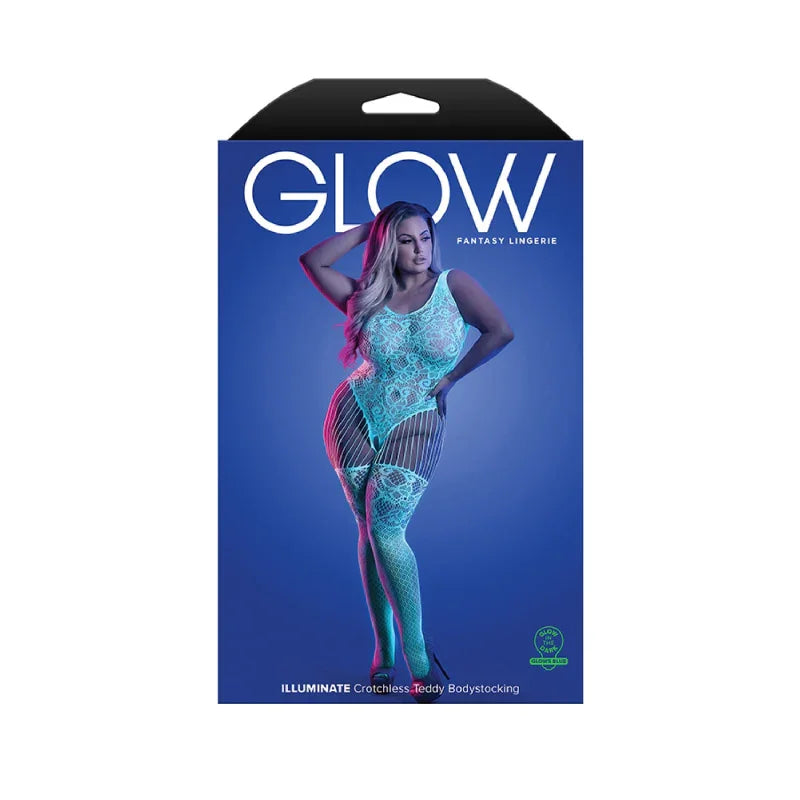 Illuminate Crotchless Teddy Bodystocking - Queen - White/blue