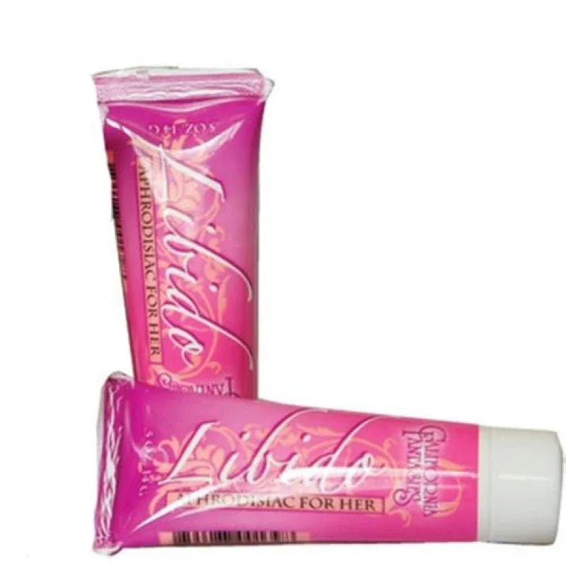 Two pink tubes of Libido aphrodisiac cream for her with white caps on a white background