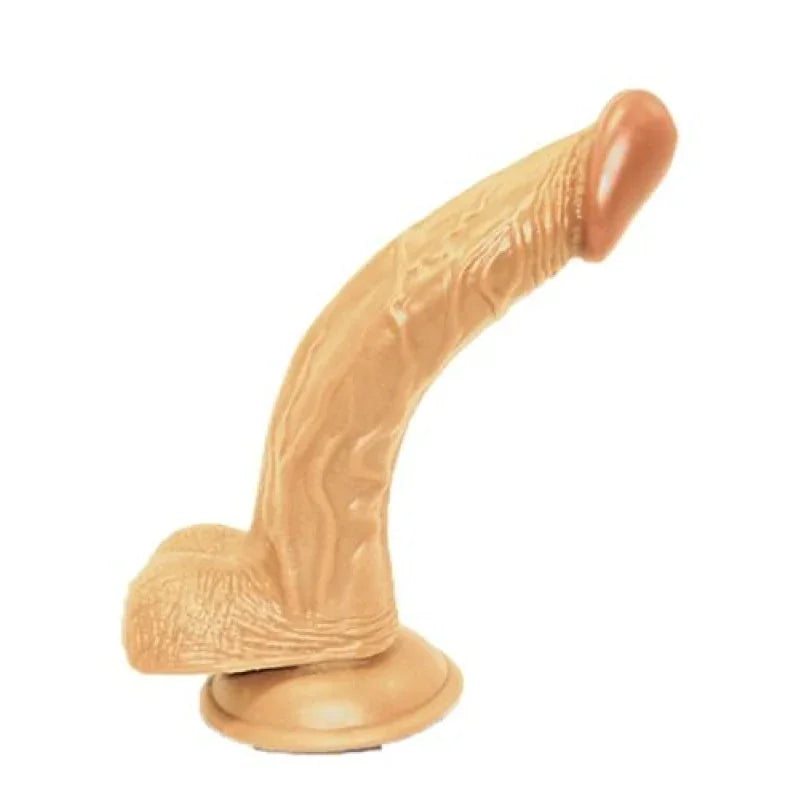Beige realistic silicone dildo with suction base and veined texture on white background