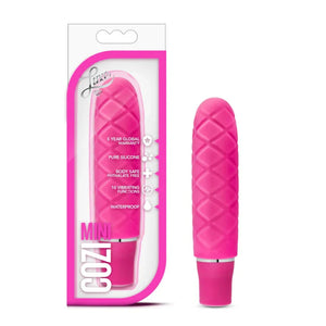 Pink Luxe Cozi Mini vibrator with textured surface, waterproof, 10 vibration functions, in packaging