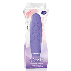 Blush Cozi Mini purple silicone vibrator with diamond pattern in retail packaging, 2 speeds, satin finish