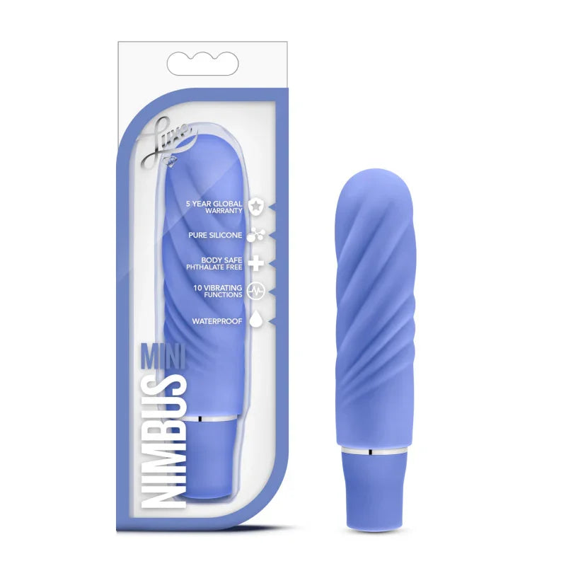 Luxe Mini Nimbus periwinkle silicone vibrator with spiral texture, waterproof and 10 vibration modes