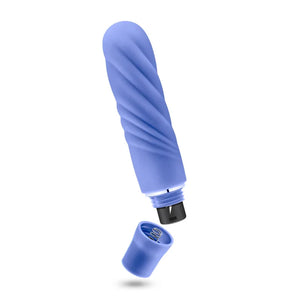 Mini periwinkle blue vibrator with spiral texture and removable cap showing battery compartment