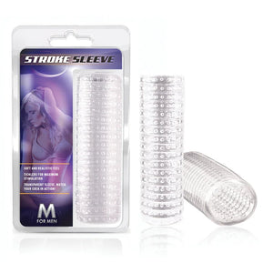 Transparent textured stroke sleeve adult male masturbator sex toy in retail packaging labeled M for Men