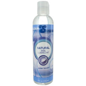 8 oz clear bottle of Clean Stream natural water-based anal lubricant with blue label and white cap