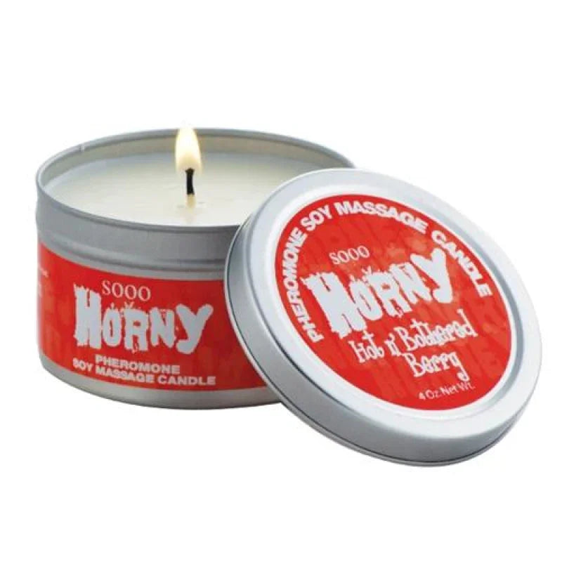 Lit S000 Horny pheromone soy massage candle with hot & bottled berry scent in silver tin