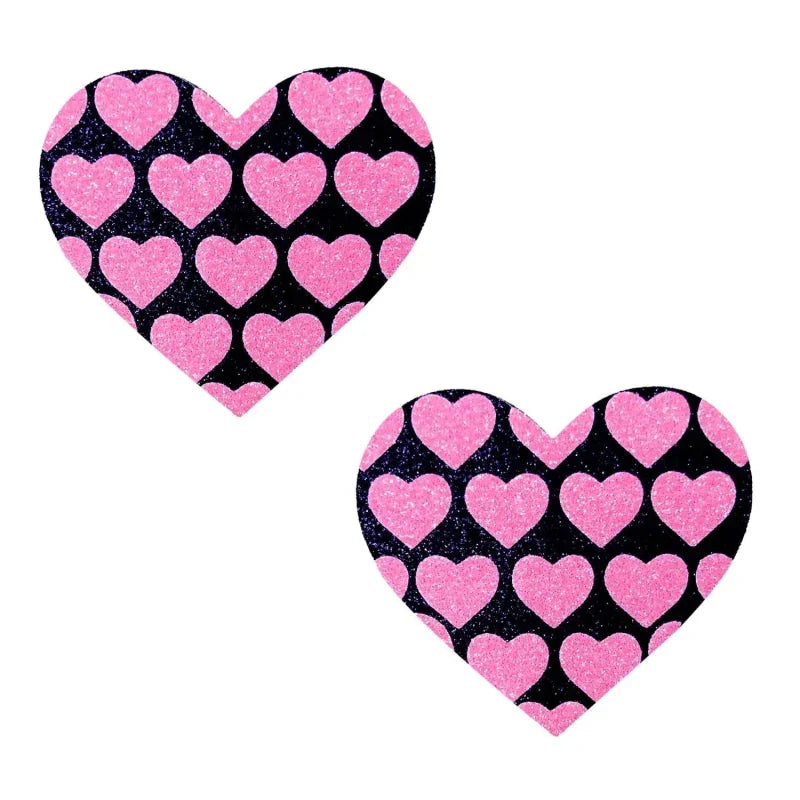 Pink Heart Neon Valentines Black Glitter Heart Nipple Cover Pasties - MyPleasure