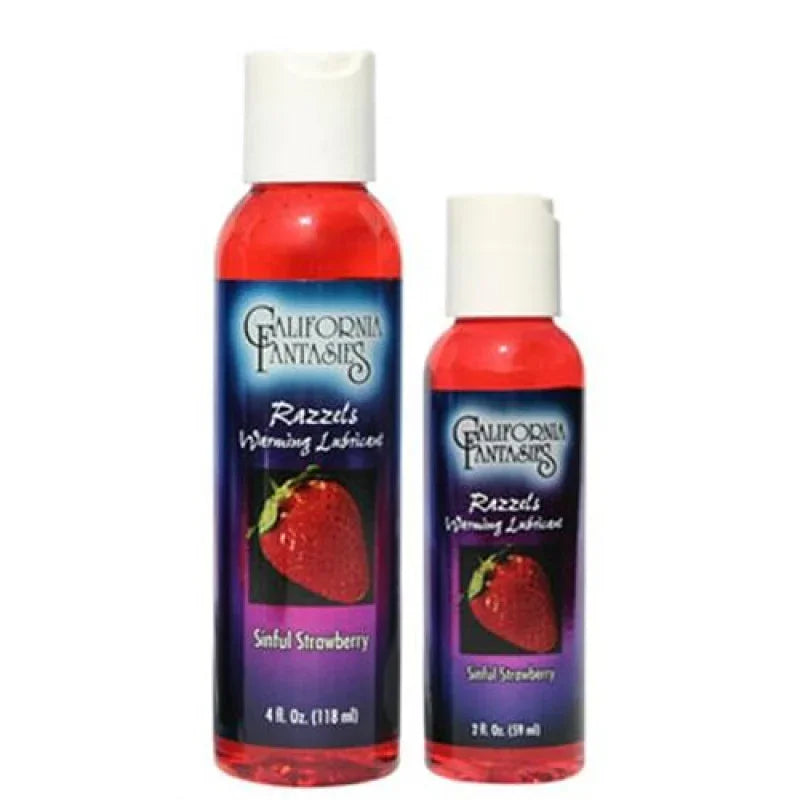 California Fantasies Razzels Warming Lubricant bottles, Sinful Strawberry flavor, 4 oz and 2 oz sizes