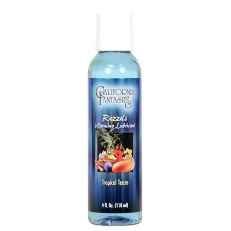 California Fantasies Razzels Warming Lubricant Tropical Teeze 4 oz blue bottle with fruit label