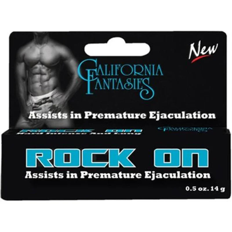 California Fantasies Rock On cream for men assists in premature ejaculation 0.5 oz box with muscular torso image