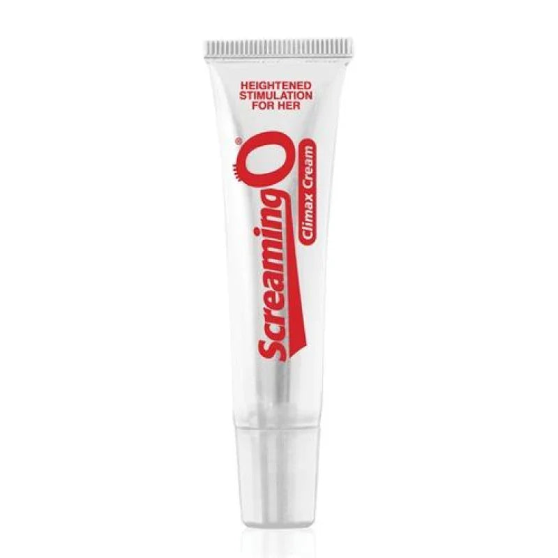 Screaming O Climax Cream tube with red text, promoting heightened stimulation for her