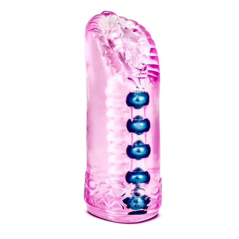 Pink male masturbator sleeve with internal blue beads for enhanced pleasure, translucent silicone design