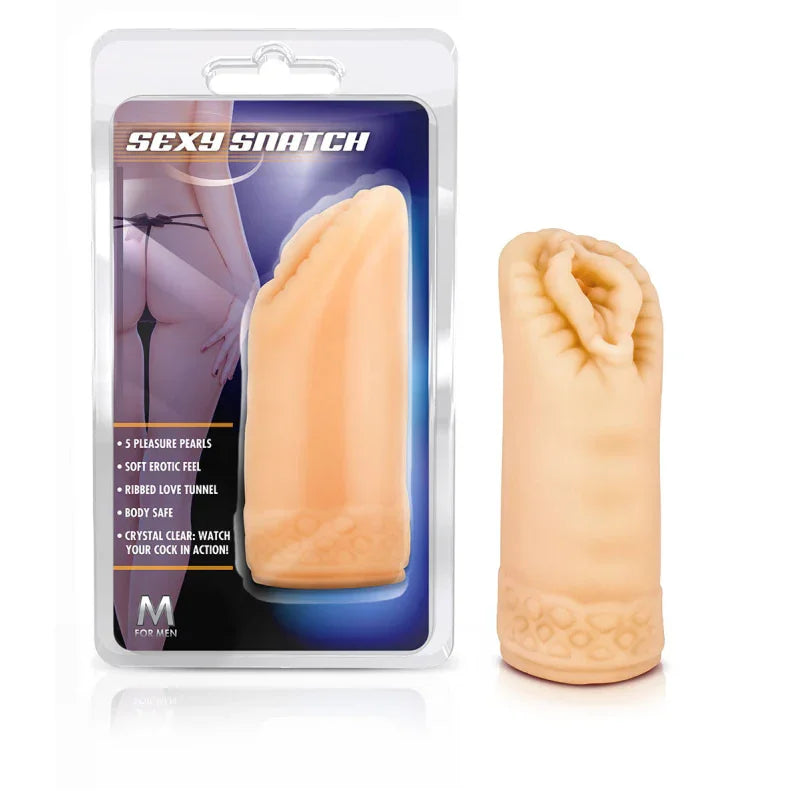 Sexy Snatch male masturbator in flesh tone with ribbed tunnel and packaging showing product features