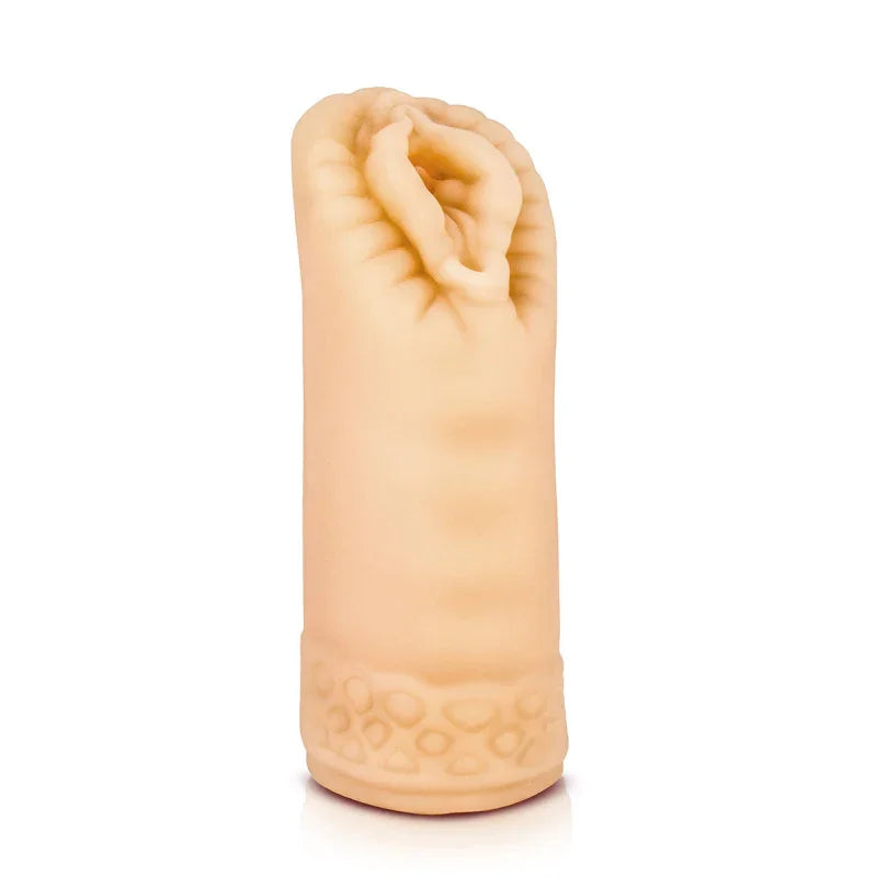 Beige male masturbation sleeve with textured base and realistic entrance on white background