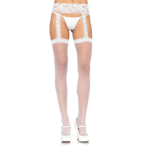 Sheer Lace Top Stockings With Attached Lace Garter Belt - One Size - White