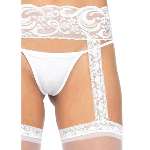 Sheer Lace Top Stockings With Attached Lace Garter Belt - One Size - White