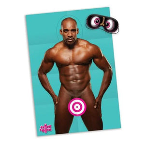 muscular bald man nude with target graphic over groin on blue background, party game accessory with googly eyes mask