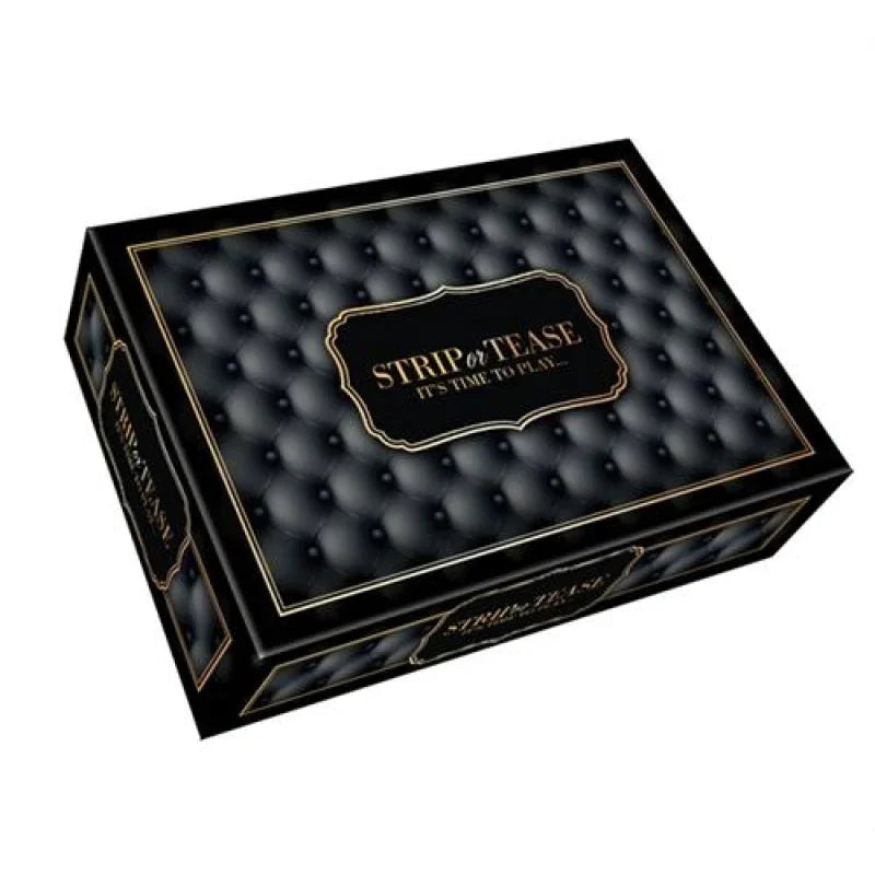 Strip or Tease game box with tufted black leather design and gold accents