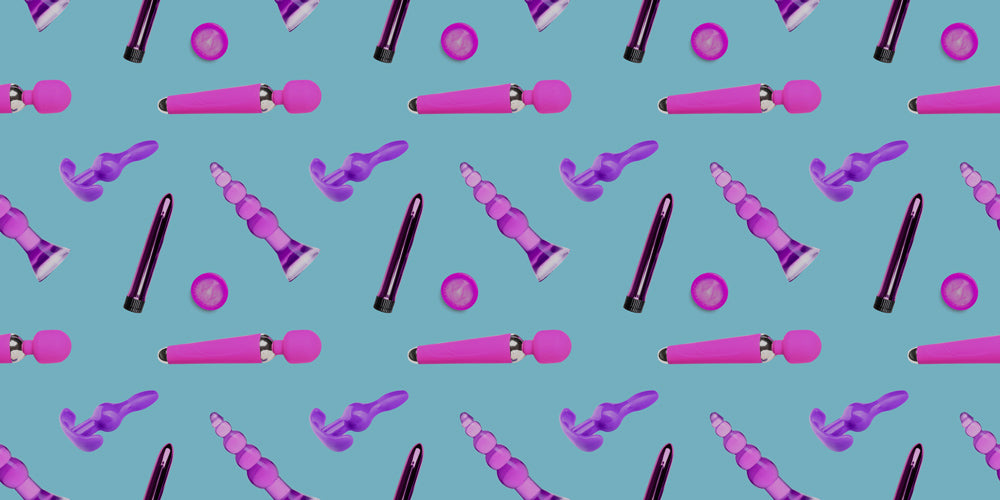 Pattern of pink and purple adult toys on a blue background