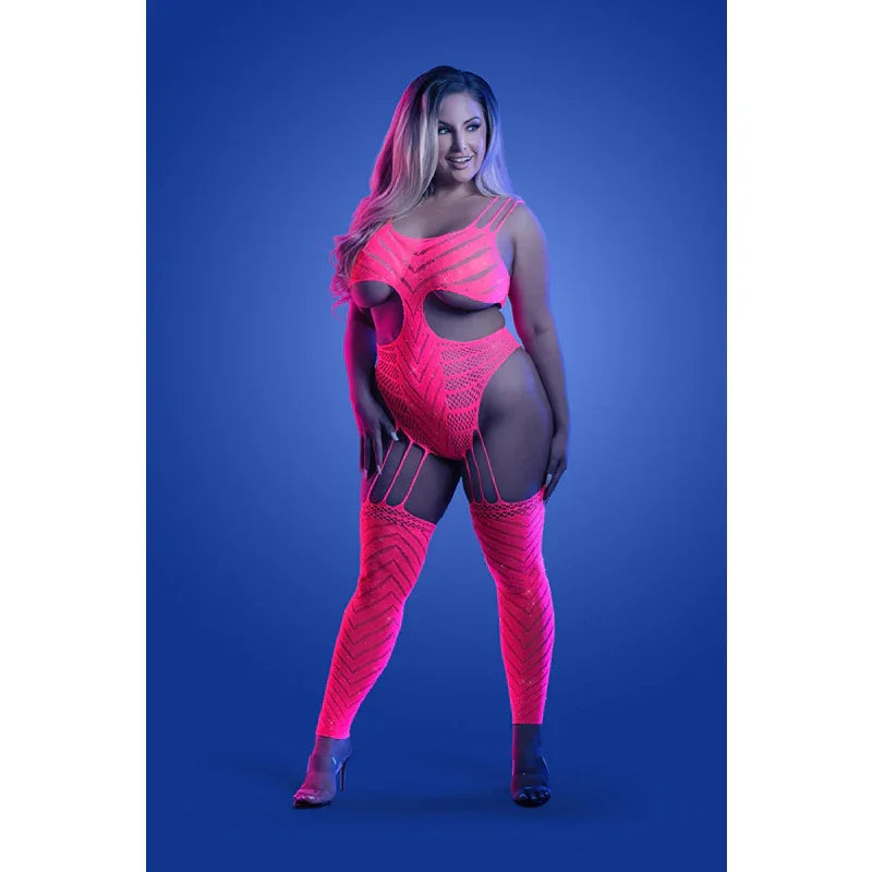 Wavelength Cutout Rhinestone Teddy Bodystocking - Queen - Neon Pink