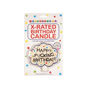 X-rated birthday candle with colorful polka dots saying Happy Fucking Birthday adult gag gift